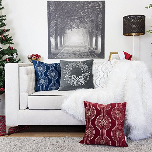 Embroidery Gray Velvet Throw Pillow Cover, Merry Christmas Series Snowflake Floral Wreath Luxury Soft Fuzzy Cozy Warm Slik Gift Square Couch Cushion Pillow Case 20 x 20 Inch, Cover Only - color: Snowflake Wreath