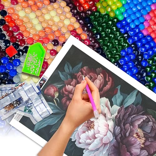 JATOK Diamond Painting Kit for Adults, Peony Bouquet, 27.5 x 15.7 in - color: Ruby