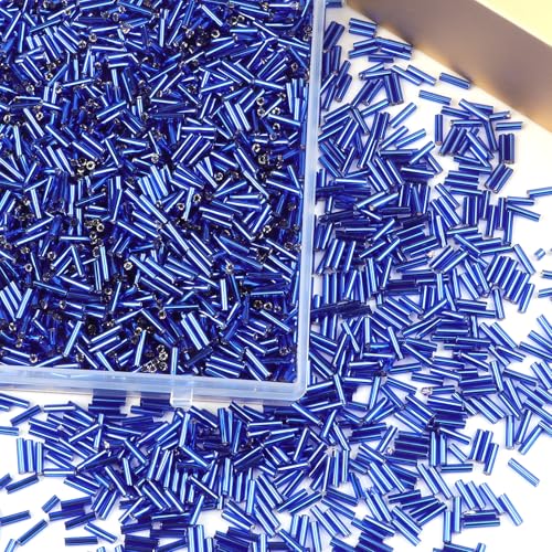 4000 Pcs Dark Blue Glass Bugle Beads, 2 x 7 mm Embroidery Beads, Small Long Tube Seed Beads for Embroidery Craft Jewelry Making - color: Dark Blue