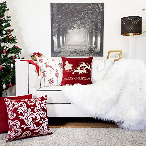 Embroidery Red Velvet Throw Pillow Cover, Merry Christmas Series Santa Claus Sledge Luxury Soft Fuzzy Cozy Warm Slik Gift Square Couch Cushion Pillow Case 20 x 20 Inch, Cover Only - color: U7-santa Sledge