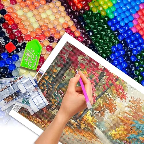 JATOK Diamond Painting Kit for Adults, Autumn Forest, 27.5 x 15.7 in - color: Peach