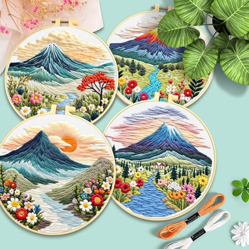 ERKOON 4 Set Embroidery Kit for Beginners, Cross Stitch Set Include Embroidery Cloth Hoops Threads for Craft Lover Hand Stitch with Embroidery Skill Techniques (Landscape) - color: Landscape