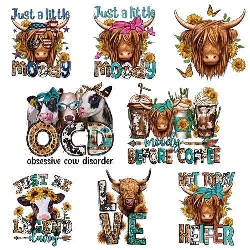 8 Pcs Highland Cow Heat Transfer Patches, Vinyl Designs Iron on Transfers for T-Shirts, Western DTF Heat Transfer Stickers for Clothes, Iron on Decals for DIY Clothing, Hats and Pillows - style: Highland Cow
