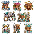 8 Pcs Highland Cow Heat Transfer Patches, Vinyl Designs Iron on Transfers for T-Shirts, Western DTF Heat Transfer Stickers for Clothes, Iron on Decals for DIY Clothing, Hats and Pillows - style: Highland Cow