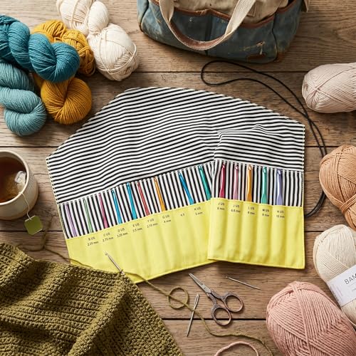 Lightweight Crochet Hook Storage Bag, Roll Up Knitting Needles Case for Crafting Enthusiasts Markings Made from Oxford Cloth Portable Crochet Organizer for Home Travel (Yellow)
