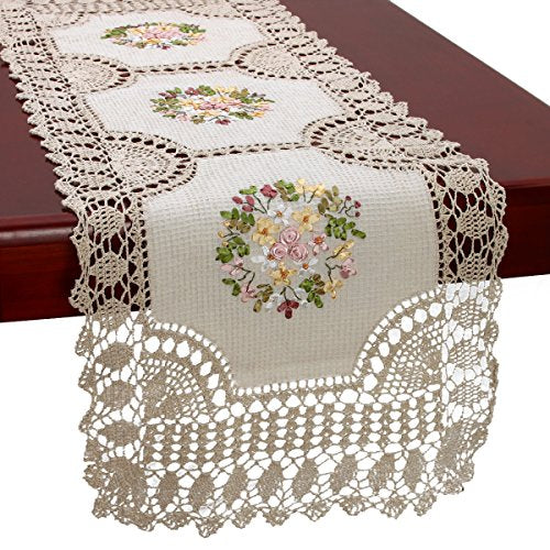 Grelucgo Small Handmade Crochet Cotton Lace Table Runner Dresser Scarf, Ribbon Embroidery (Rectangle 16 x 36 inch) - size: rectangle 16 x 36 inch