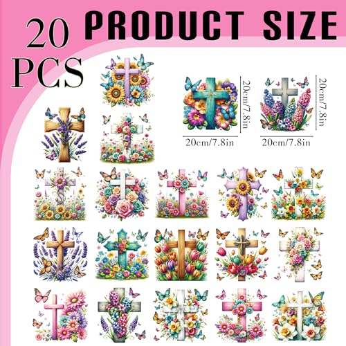 Dazoratix Floral Cross Iron on Transfers - 20 Sheets Christian Flower Butterfly DTF Ready to Press Religious Faith Heat Patches Stickers Vinyl Decals T Shirts Clothes Pillow Bag DIY Crafts Decorations - style: Floral Cross