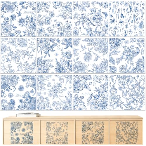 Vintage Floral Rub on Transfer for Crafts, 12 Sheets Blue Retro Chinoiserie Flowers Rub on Transfer for Furniture, Cute Christmas Cold Transfers Stickers for Wood Craft Canvas Farmhouse Decoration - style: Vintage Floral