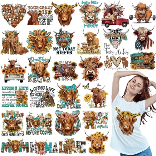 Yuntau 30 Pcs Western Highland Cow Iron On Transfer Patch, DTF Vinyl Decal - style: Highland Cow