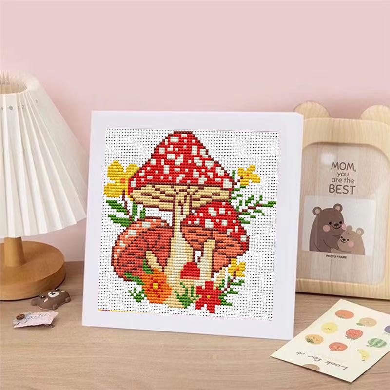 Tiwabb Mushroom Stamped Cross Stitch Kits for Adults Beginners with Frame - color: Mushroom Cross Stitch with Frame
