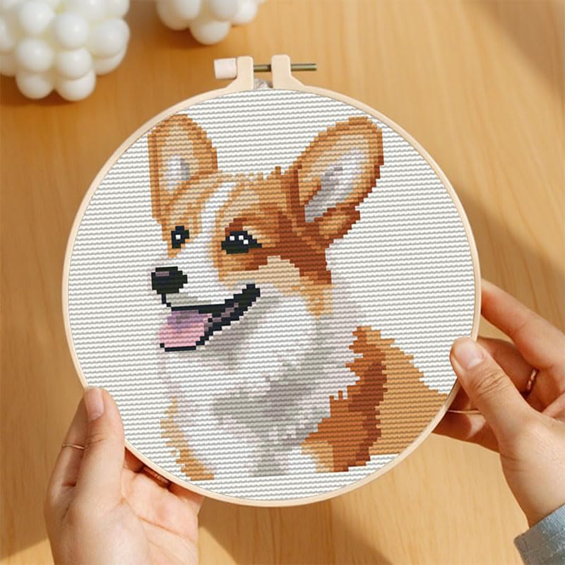 Cute Corgi Dog DIY Stamped Cross Stitch Kits Easy for Beginners and Children with Hoop 11CT Needlepoint Counted Embroidery Kits Art Craft Wall Decoration 12x12inch(2)