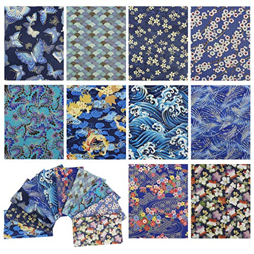 aufodara 10Pcs Cotton Craft Fabric Patchwork Bundle 20x25 cm, Japanese Style Printed Floral Beautiful Gold Patterns Bronzing Cloth for Sewing Quilting DIY Artcraft Handwork (Navy, Blue) - color: Navy, Blue