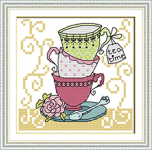 Howie's Needlepoint Cross Stitch Kits, 11CT Pre-Printed Pattern Needlepoint Kits, Full Range of Stamped Starter Kits (Teacup Three, 7.1 x 7.1 Inch) - color: Teacup Three