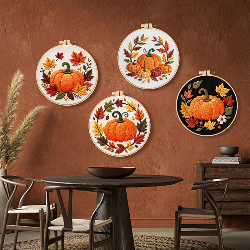 Konrisa Pumpkin Embroidery Kits, Stamped Embroidery Starter Kit for Adult with Hoop,Needlepoint Cross Stitch Kit,Set of 3 - color: yellow pumpkin