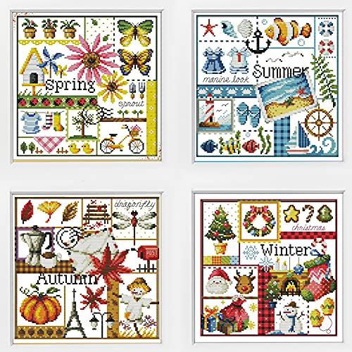Awesocrafts 4 Pack Cross Stitch Kits, Four Seasons Easy Patterns Cross Stitching Embroidery Kit Supplies, Stamped or Counted (Four Seasons, Counted) - color: Four Seasons, size: Counted