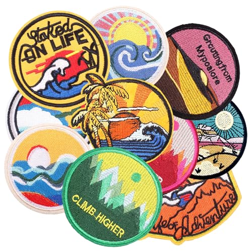 10pcs Sunrise Sunset Iron/Sew on Patches, Climb Higher Embroidered Applique, Fashion Decoration for Clothes, Hat, Bag, Dress, Shirt, Jeans - color: 10pcs Sunrise