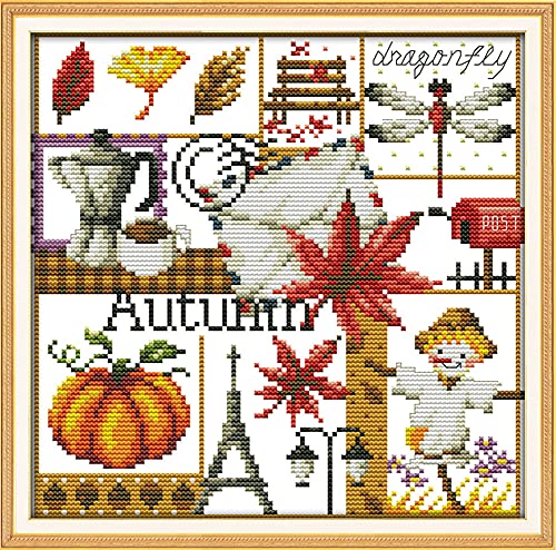 Awesocrafts Cross Stitch Kits, Four Seasons of Autumn Easy Patterns Cross Stitching Embroidery Kit Supplies, Stamped or Counted (Autumn, Stamped) - color: Autumn, size: Stamped