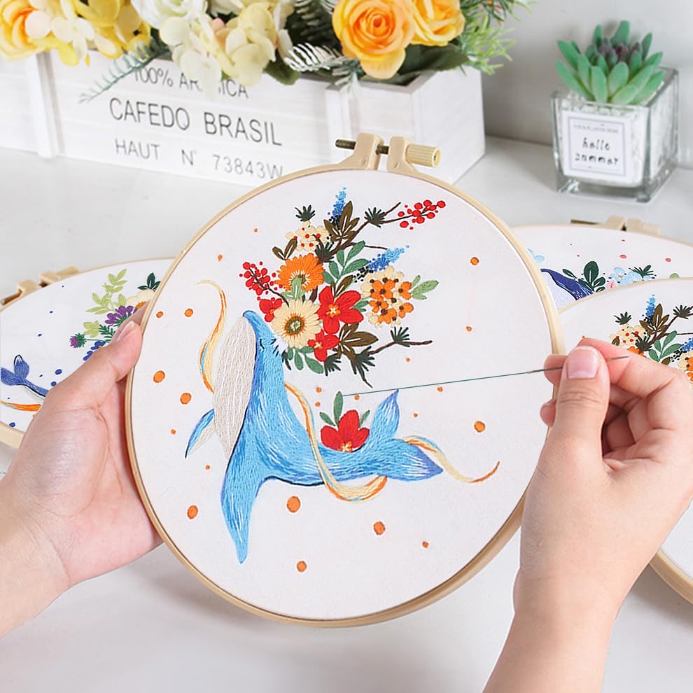 KEKEMEOW 3 Sets Embroidery Kit for Beginners, Stitches with Whale and Flowers, Embroidery Stitch Practice kit for Adults Craft Lover, Cross Stitch Kit with Pattern、Instruction、Hoop - color: whale