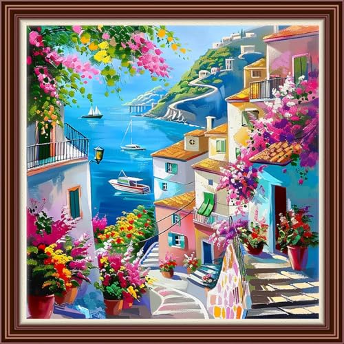 Dimensean Counted Cross Stitch Kit for Beginners, 11CT Unprinted Cross-Stitch Kit Easy Patterns Needlepoint Kit Cross Stitching Embroidery Kit Supplies-Seaside Floral Scenery 18x18 inch - color: DIYColor26
