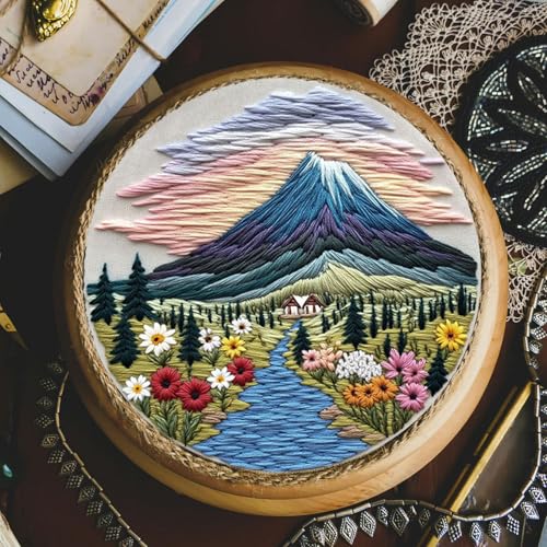 FONNUY Embroidery Kit for Beginners, Flower Hill Nature Landscape Pre-Stamped Pattern Kits for Adults with Hoop, Easy to Follow Color Thread Needlework, 8'' Hoop (Purple Blue) - color: Purple Blue