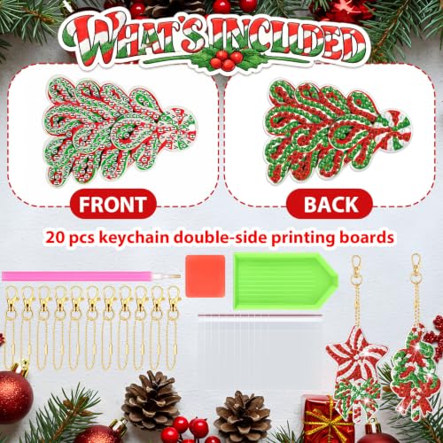Tondiamo 20 Pcs Christmas Candy Diamond Painting Keychain Kits 5D DIY Diamond Art Pendants Double Sided Hanging Key Chains for Christmas Party Decoration DIY - style: Candy