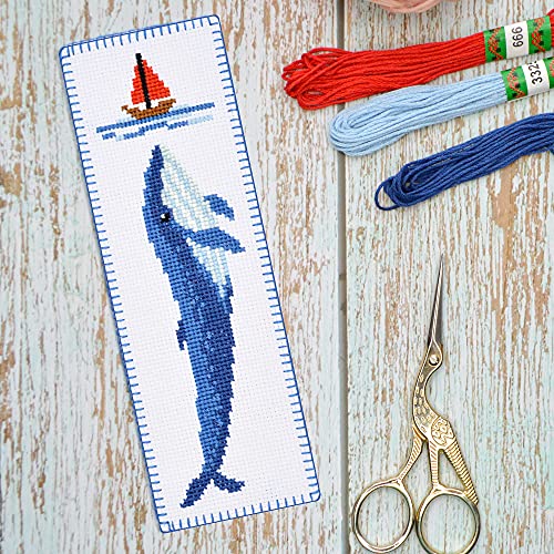 Povitrulya Blue Whale - Embroidery Set for DIY Bookmark - Counted Cross Stitch Kit with Paper Pattern, 16 Count Aida Canvas and Pre-Sorted Floss - color: blue whale