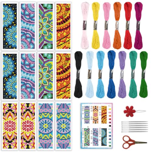 INFUNLY 6 Set Mandala Pattern DIY Cross Stitch Bookmark Kits for Beginners Art Floral Counted Cross Stitch Kit with Instruction Boho Flower Stamped Embroidery Bookmark Kit for Book Lovers Readers Gift - style: Dandala