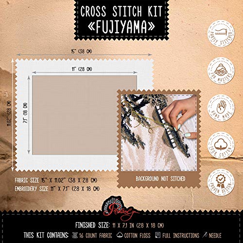 Povitrulya Hand Embroidery Kit for Adults 'Fujiyama' - 11" х7.1, 16-ct Aida Cloth - Counted Cross Stitch Set with Japanese Fuji Mountain Landscape Pattern, Housewarming Gift for Home Decor - size: Fujiyama - 11" х 7,1" (28 х 18 cm)