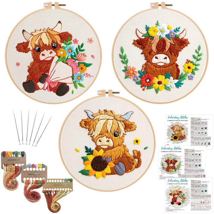 Nuberlic 3 Pack Embroidery Kit for Beginners, Highland Cow Embroidery Kits - color: Highland Cow