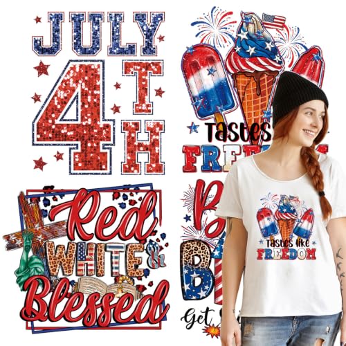 Patriotic Iron on Patches Heat Transfers Decals for 4th of July Independence Day Party Decorations 4 Large Sheets Iron on Vinyl Applique Stickers for Boys Girls Women Men Clothes Bag Pillow DIY Art - color: Independence Day