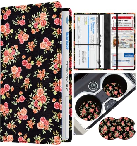 Slohif Car Registration and Insurance Holder with 2 Car Coasters, Elegant - color: Pink Rose