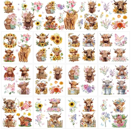 Wxiben 12 Pcs Highland Cow Floral Rub on Transfers for Crafts and Furniture - style: Highland Cow