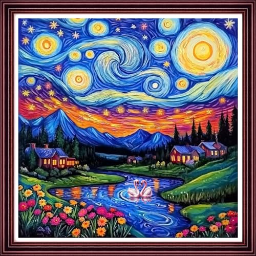 Funchey Counted Cross Stitch Kits for Adults Needlepoint Kits Unprinted Cross Stitching Embroidery Kit 11CT Cross Stitch Supplies-Star River Home Scenery 18x18 inch - color: ArtsKit02