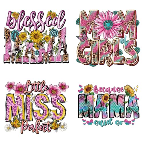 Mama DTF Transfer Ready to Press Mother’s Day Heat Transfer Vinyl Decal Pink Best Mom Ever Iron on Patches Pink Flower Butterfly Leopard Design Iron on Transfer Stickers for T-Shirt Pillow Cover 4PCS - style: Mother's Day