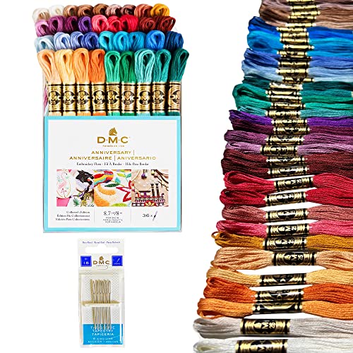 DMC Embroidery Floss Anniversary Pack,36 Colors Bundle with Needles Size 18