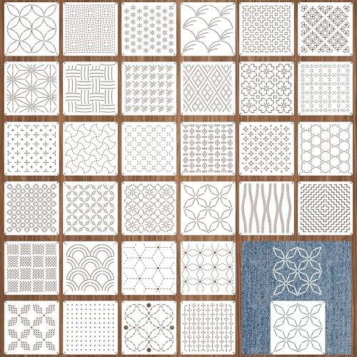 32 Pcs Sashiko Stencil, 5.12 x 5.12 Inch Quilting Stencils, Geometric Pattern Drawing Line Embroidery Template, Embroidery Pattern Stabilizer for Sewing Hand Quilting and Crafting