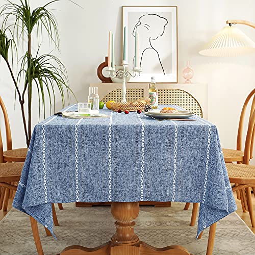 Chassic 60 x 84 inches Farmhouse Style Linen tablecloths, Wrinkle Resistant Washable Dining Room Table Cloths for Rectangle Tables - Hemstitch Blue - color: Hemstitch Blue, size: 84" x 60" (Rectangular)