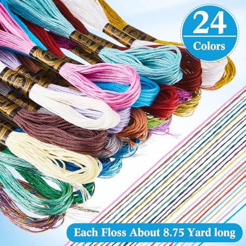 WILLBOND 24 Pcs Metallic & Cotton Embroidery Floss, 24 Vibrant Colors, Polyester Blend, 8.75 Yards Each, Ideal for Embroidery, Cross-Stitch, DIY Crafts - color: Vibrant Color