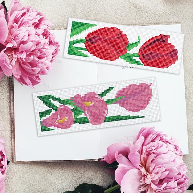 INFUNLY 6pcs/Set Large Roses Cross Stitch Bookmarks Kit Sunflower Tulip DIY Stamped Embroidery Bookmark Calla Lilies Flower Handmade Cross Stitch Bookmark with Backing Felt Instruction for Book Lovers - style: Large Flowers