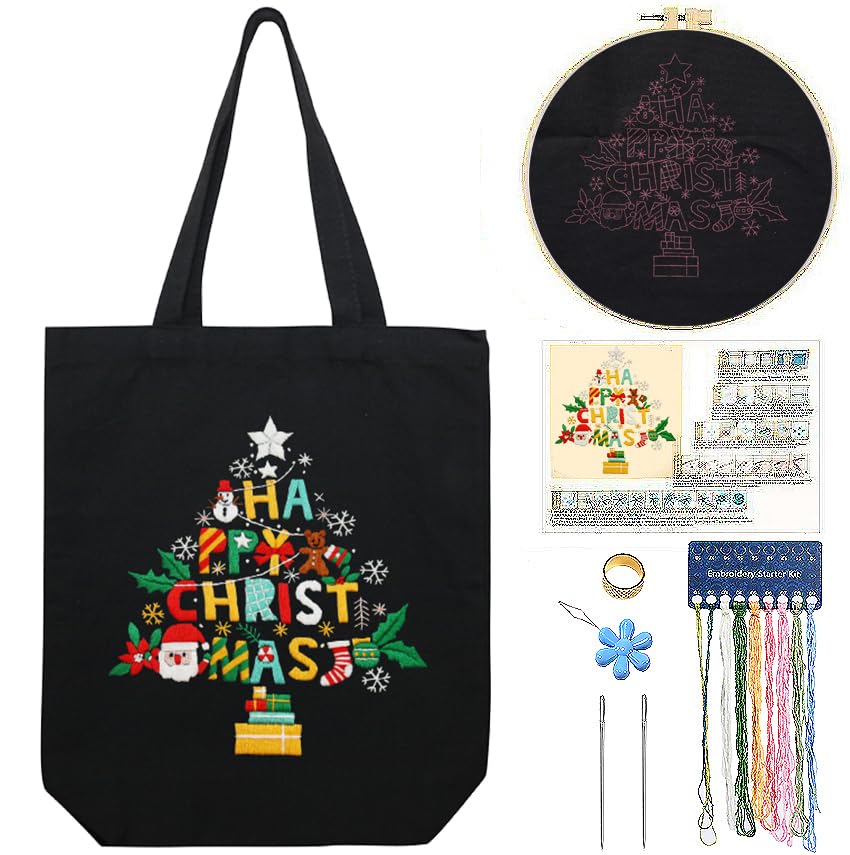 CREAWONDER Canvas Tote Bag Embroidery Kit with Pattern for Beginners, Arts and DIY Embroidery Crafts Kits for Adults, Include Instructions, Thimble, Embroidery Hoops, Color Threads and Tool - color: CR002 Christmas tree black