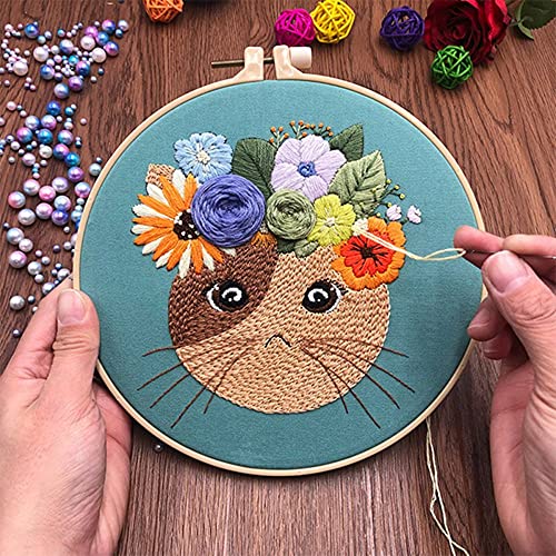 Mozzyyee Embroidery Starter kit, DIY Adult Beginner Embroidery Kits, Including Cloth with Cat Patterns, Colored Threads, Needles, Hoops and Instructions (Blue) - color: Blue
