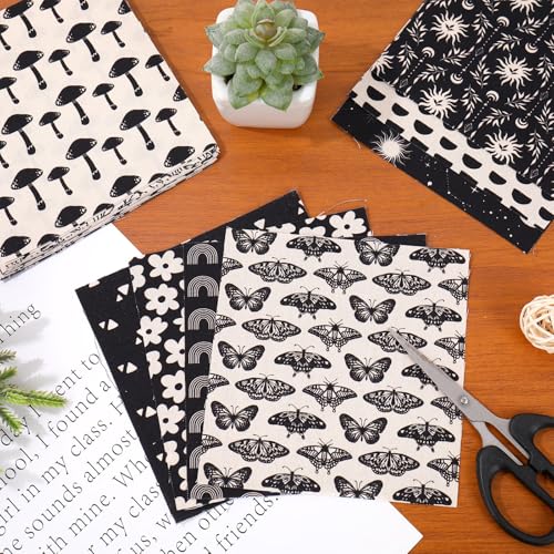 JarThenaAMCS 32Pcs Boho Ivory Charm Square 5-Inch Cotton Fabric Squares Bundles Black Beige Rainbow Mushroom Flower Quilting Sewing Fabrics for DIY Handmade Craft Decor