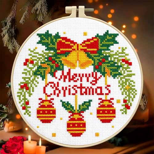 Zhenqing Christmas Bells Cross Stitch Kit with Hoop - 11CT Pre-Printed 24x24cm Fabric & Complete Tools for Beginners (68348) - style: Christmas Bells