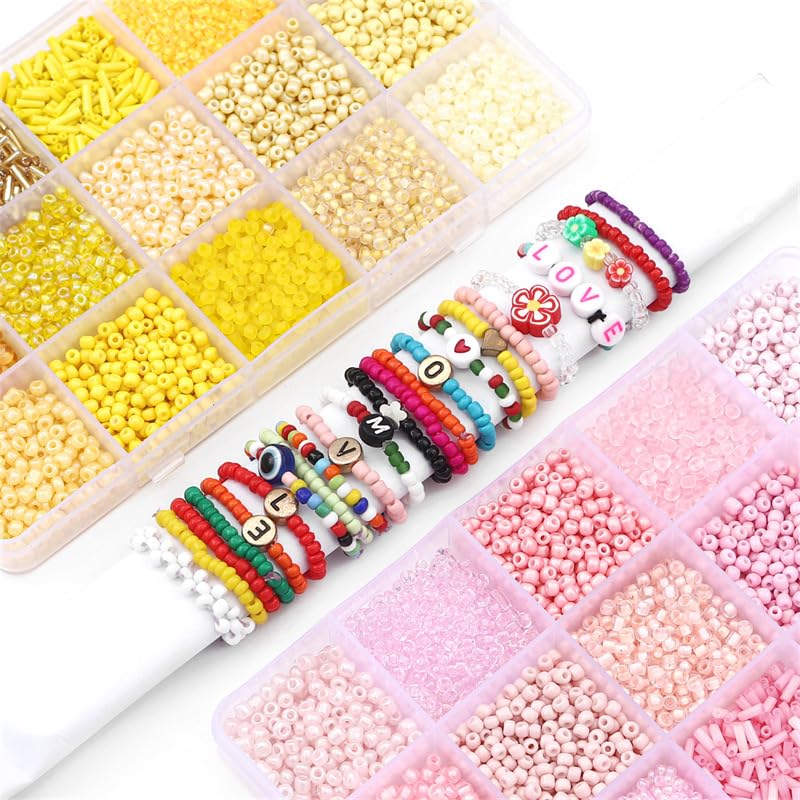 15 Color Glass Seed Tube Bugle Beads Bracelet Jewelry Making Kit,Yellow - color: yellow