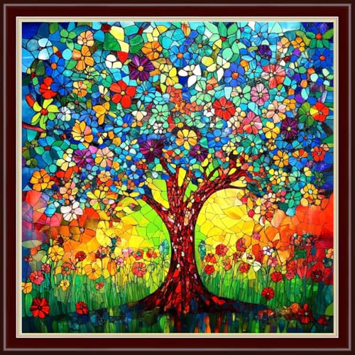 Dimensean Stamped Cross Stitch Kits Full Range of Embroidery Patterns Starter Kits for Beginners Adult DIY Cross Stitches Needlepoint Kits 11CT-Colorful Tree of Life 18x18 inch - color: Arts kits 35