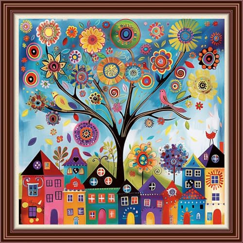 Dimensean Counted Cross Stitch Kit for Beginners, 11CT Unprinted Cross-Stitch Kit Easy Patterns Needlepoint Kit Cross Stitching Embroidery Kit Supplies-Tree of Life House 18x18 inch - color: DIYColor18