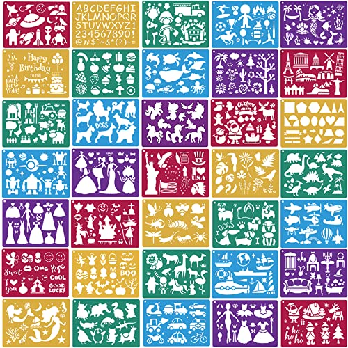 Stencils for Kids,35 PCS Drawing Stencils Templates Kids Reusable Plastic Stencils with Variety of Themes/Shapes,Girls Boys Christmas Birthday Gift - color: Multi 35PCS