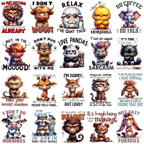 Dazoratix Animals Iron on Transfers - 20 Sheets Cute Cartoon Animal Heat Transfer Design Stickers Funny Ready to Press Sarcastic Angry Decals for T-Shirts Women Clothing DIY Crafts Pillow Decorations - style: Cute Animals-20PCs