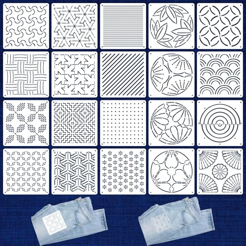 20 Pcs Sashiko Stencils 5.1 x 5.1 Inch Plastic Sashiko Template Pattern Geometric Embroidery Stabilizers Drawing Line Template for Hand Quilting Sewing - size: 5.1 x 5.1 inch