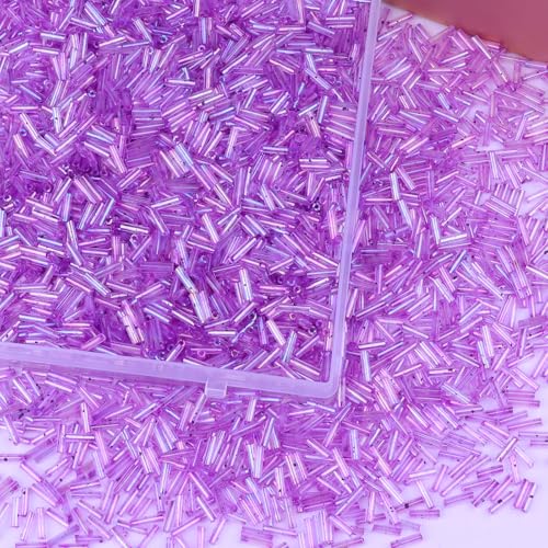 4000 Pcs Iridescent Light Purple Glass Bugle Beads, 2 x 7 mm Embroidery Beads, Small Long Tube Seed Beads for Embroidery Craft Jewelry Making - color: Iridescent Light Purple